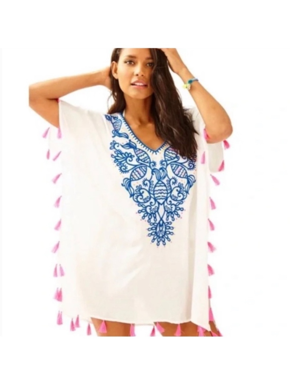 Lilly Pulitzer Embroidered Beach Swim‎ Cover Up S/M Pink Tassels Castillo